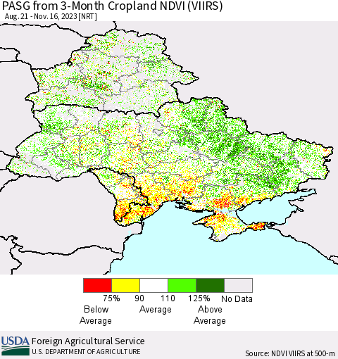 Ukraine, Moldova and Belarus PASG from 3-Month Cropland NDVI (VIIRS) Thematic Map For 11/11/2023 - 11/20/2023