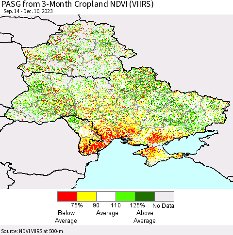 Ukraine, Moldova and Belarus PASG from 3-Month Cropland NDVI (VIIRS) Thematic Map For 12/3/2023 - 12/10/2023