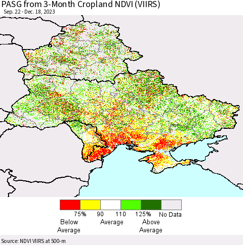 Ukraine, Moldova and Belarus PASG from 3-Month Cropland NDVI (VIIRS) Thematic Map For 12/11/2023 - 12/18/2023
