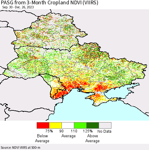 Ukraine, Moldova and Belarus PASG from 3-Month Cropland NDVI (VIIRS) Thematic Map For 12/19/2023 - 12/26/2023