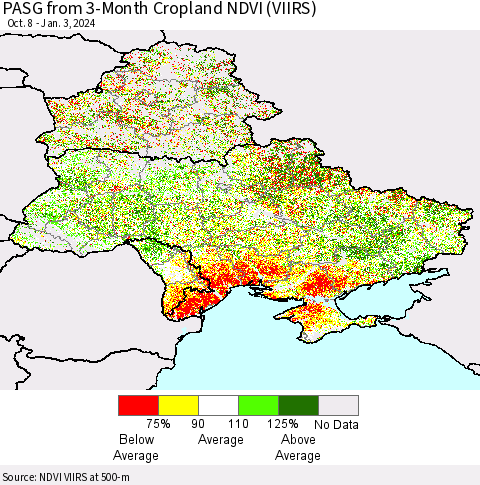 Ukraine, Moldova and Belarus PASG from 3-Month Cropland NDVI (VIIRS) Thematic Map For 12/27/2023 - 1/3/2024