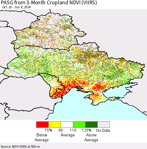 Ukraine, Moldova and Belarus PASG from 3-Month Cropland NDVI (VIIRS) Thematic Map For 1/1/2024 - 1/8/2024