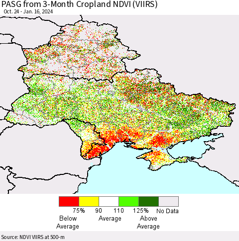 Ukraine, Moldova and Belarus PASG from 3-Month Cropland NDVI (VIIRS) Thematic Map For 1/9/2024 - 1/16/2024