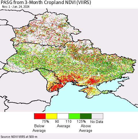 Ukraine, Moldova and Belarus PASG from 3-Month Cropland NDVI (VIIRS) Thematic Map For 1/17/2024 - 1/24/2024
