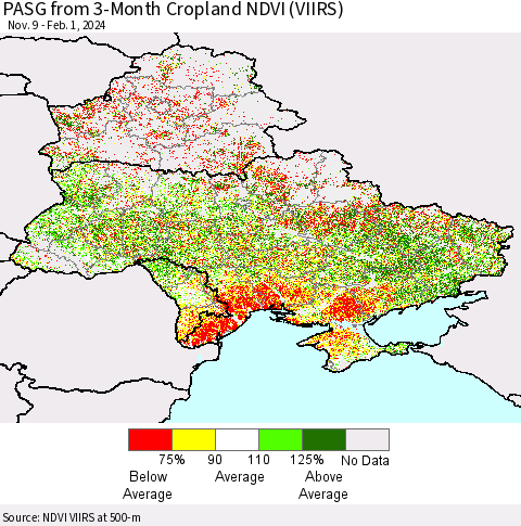 Ukraine, Moldova and Belarus PASG from 3-Month Cropland NDVI (VIIRS) Thematic Map For 1/25/2024 - 2/1/2024