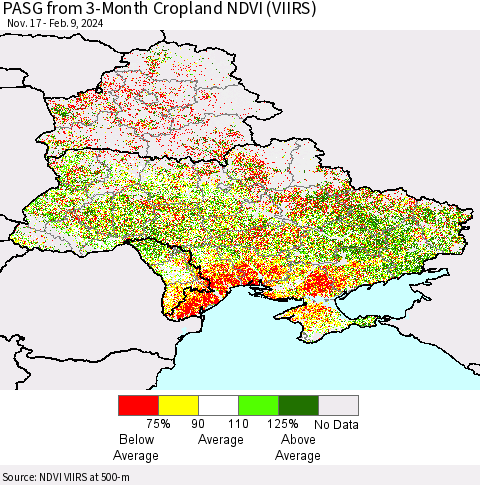Ukraine, Moldova and Belarus PASG from 3-Month Cropland NDVI (VIIRS) Thematic Map For 2/2/2024 - 2/9/2024