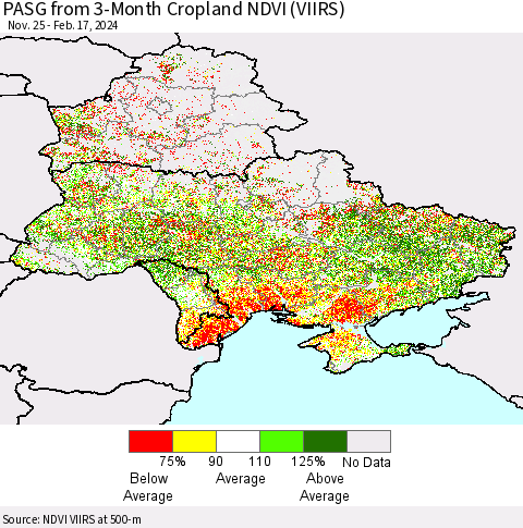 Ukraine, Moldova and Belarus PASG from 3-Month Cropland NDVI (VIIRS) Thematic Map For 2/10/2024 - 2/17/2024