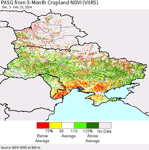 Ukraine, Moldova and Belarus PASG from 3-Month Cropland NDVI (VIIRS) Thematic Map For 2/18/2024 - 2/25/2024