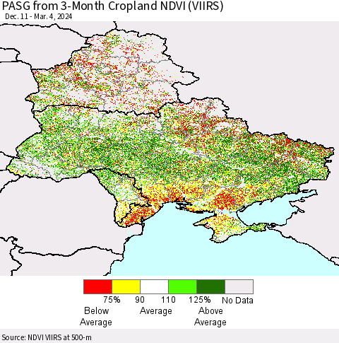 Ukraine, Moldova and Belarus PASG from 3-Month Cropland NDVI (VIIRS) Thematic Map For 2/26/2024 - 3/4/2024