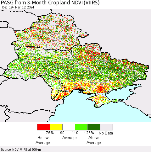 Ukraine, Moldova and Belarus PASG from 3-Month Cropland NDVI (VIIRS) Thematic Map For 3/5/2024 - 3/12/2024