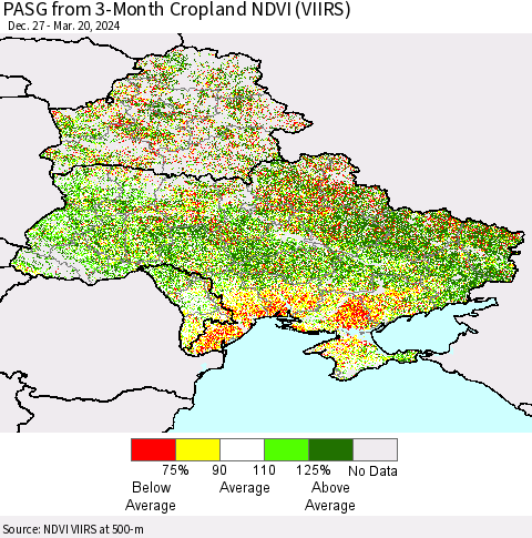 Ukraine, Moldova and Belarus PASG from 3-Month Cropland NDVI (VIIRS) Thematic Map For 3/13/2024 - 3/20/2024