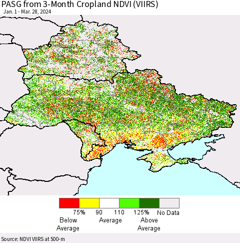 Ukraine, Moldova and Belarus PASG from 3-Month Cropland NDVI (VIIRS) Thematic Map For 3/21/2024 - 3/28/2024