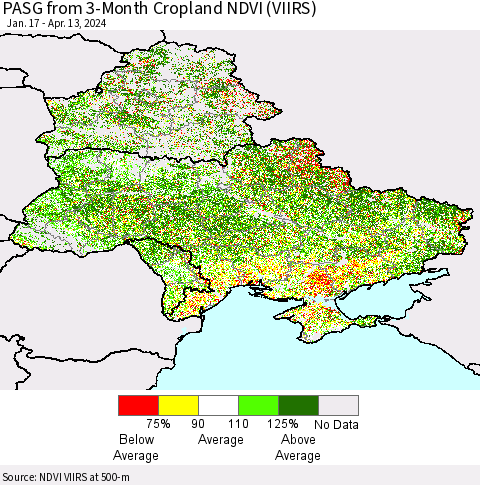 Ukraine, Moldova and Belarus PASG from 3-Month Cropland NDVI (VIIRS) Thematic Map For 4/6/2024 - 4/13/2024