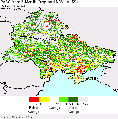 Ukraine, Moldova and Belarus PASG from 3-Month Cropland NDVI (VIIRS) Thematic Map For 4/14/2024 - 4/21/2024