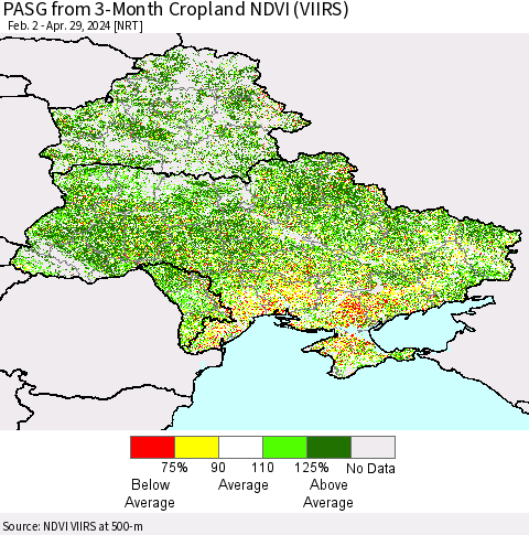 Ukraine, Moldova and Belarus PASG from 3-Month Cropland NDVI (VIIRS) Thematic Map For 4/22/2024 - 4/29/2024