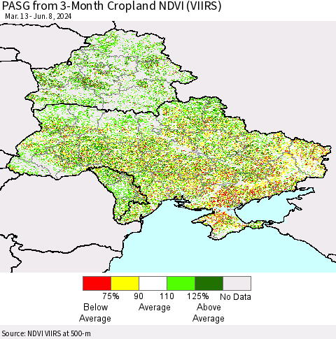 Ukraine, Moldova and Belarus PASG from 3-Month Cropland NDVI (VIIRS) Thematic Map For 6/1/2024 - 6/8/2024