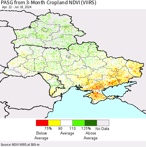 Ukraine, Moldova and Belarus PASG from 3-Month Cropland NDVI (VIIRS) Thematic Map For 7/11/2024 - 7/18/2024