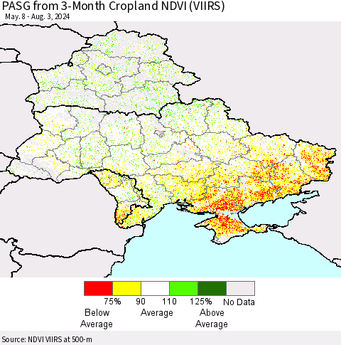 Ukraine, Moldova and Belarus PASG from 3-Month Cropland NDVI (VIIRS) Thematic Map For 7/27/2024 - 8/3/2024