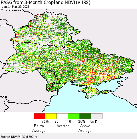 Ukraine, Moldova and Belarus PASG from 3-Month Cropland NDVI (VIIRS) Thematic Map For 3/22/2025 - 3/29/2025