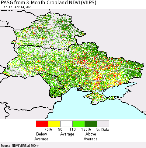 Ukraine, Moldova and Belarus PASG from 3-Month Cropland NDVI (VIIRS) Thematic Map For 4/7/2025 - 4/14/2025