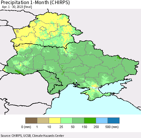 Ukraine, Moldova and Belarus Precipitation 1-Month (CHIRPS) Thematic Map For 4/1/2023 - 4/30/2023