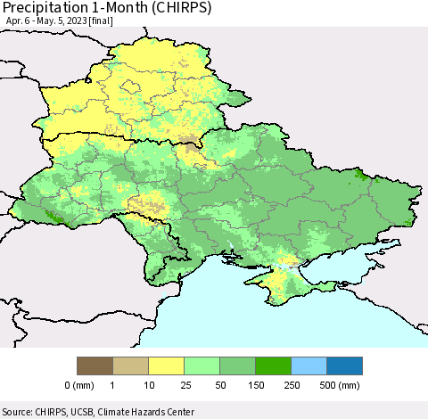 Ukraine, Moldova and Belarus Precipitation 1-Month (CHIRPS) Thematic Map For 4/6/2023 - 5/5/2023