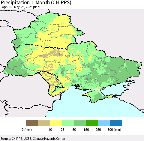 Ukraine, Moldova and Belarus Precipitation 1-Month (CHIRPS) Thematic Map For 4/26/2023 - 5/25/2023