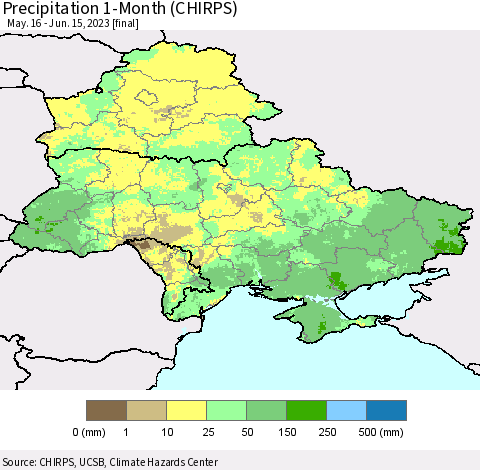 Ukraine, Moldova and Belarus Precipitation 1-Month (CHIRPS) Thematic Map For 5/16/2023 - 6/15/2023