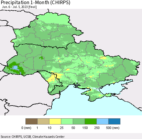 Ukraine, Moldova and Belarus Precipitation 1-Month (CHIRPS) Thematic Map For 6/6/2023 - 7/5/2023