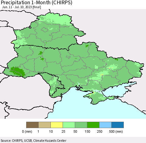 Ukraine, Moldova and Belarus Precipitation 1-Month (CHIRPS) Thematic Map For 6/11/2023 - 7/10/2023