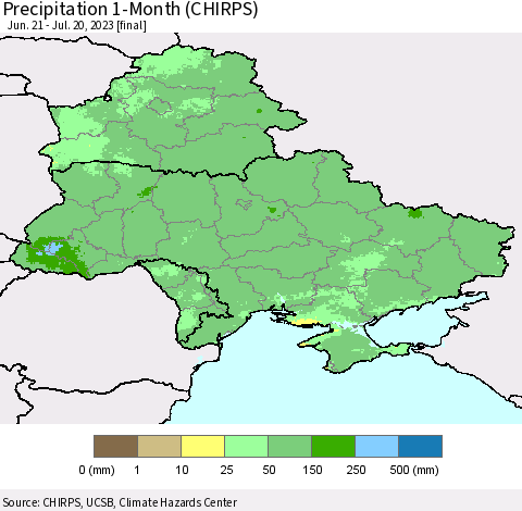 Ukraine, Moldova and Belarus Precipitation 1-Month (CHIRPS) Thematic Map For 6/21/2023 - 7/20/2023