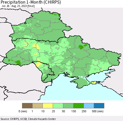 Ukraine, Moldova and Belarus Precipitation 1-Month (CHIRPS) Thematic Map For 7/26/2023 - 8/25/2023