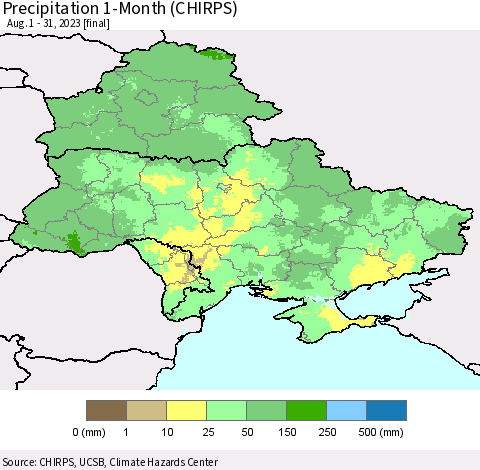 Ukraine, Moldova and Belarus Precipitation 1-Month (CHIRPS) Thematic Map For 8/1/2023 - 8/31/2023