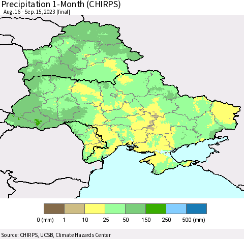 Ukraine, Moldova and Belarus Precipitation 1-Month (CHIRPS) Thematic Map For 8/16/2023 - 9/15/2023