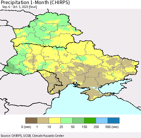 Ukraine, Moldova and Belarus Precipitation 1-Month (CHIRPS) Thematic Map For 9/6/2023 - 10/5/2023