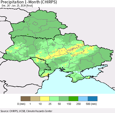 Ukraine, Moldova and Belarus Precipitation 1-Month (CHIRPS) Thematic Map For 12/26/2023 - 1/25/2024