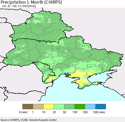 Ukraine, Moldova and Belarus Precipitation 1-Month (CHIRPS) Thematic Map For 1/16/2024 - 2/15/2024