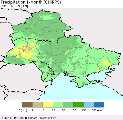 Ukraine, Moldova and Belarus Precipitation 1-Month (CHIRPS) Thematic Map For 4/1/2024 - 4/30/2024