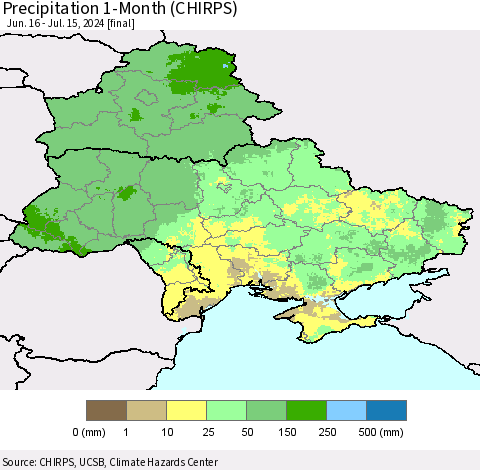 Ukraine, Moldova and Belarus Precipitation 1-Month (CHIRPS) Thematic Map For 6/16/2024 - 7/15/2024