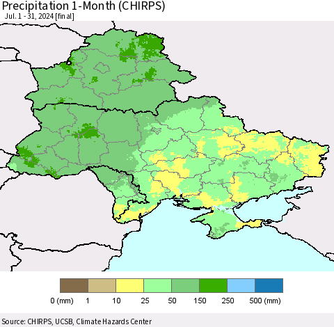 Ukraine, Moldova and Belarus Precipitation 1-Month (CHIRPS) Thematic Map For 7/1/2024 - 7/31/2024