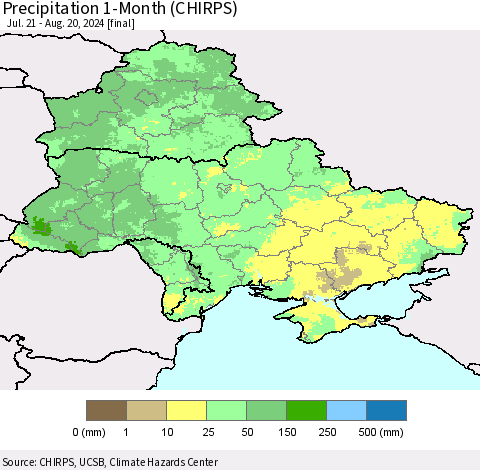 Ukraine, Moldova and Belarus Precipitation 1-Month (CHIRPS) Thematic Map For 7/21/2024 - 8/20/2024