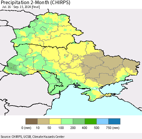 Ukraine, Moldova and Belarus Precipitation 2-Month (CHIRPS) Thematic Map For 7/16/2024 - 9/15/2024