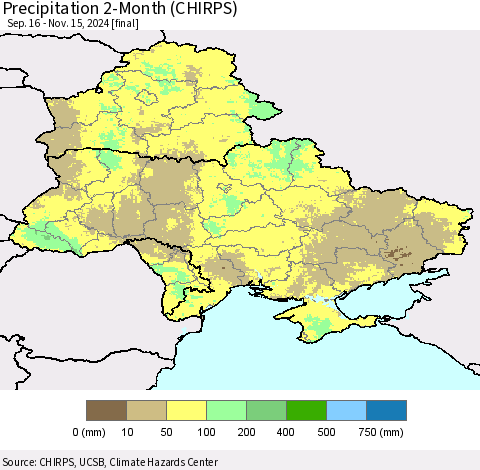 Ukraine, Moldova and Belarus Precipitation 2-Month (CHIRPS) Thematic Map For 9/16/2024 - 11/15/2024