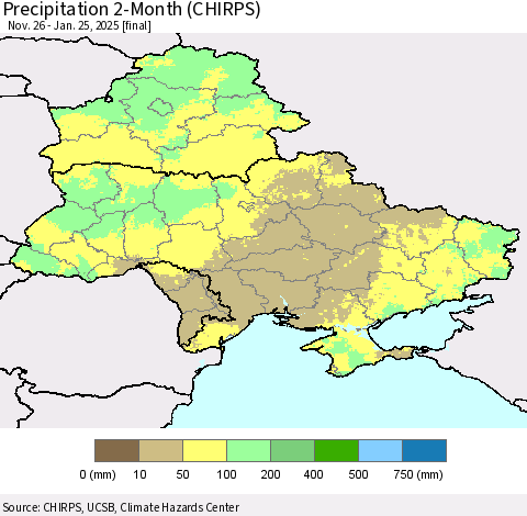 Ukraine, Moldova and Belarus Precipitation 2-Month (CHIRPS) Thematic Map For 11/26/2024 - 1/25/2025