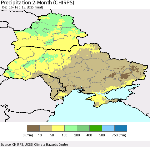 Ukraine, Moldova and Belarus Precipitation 2-Month (CHIRPS) Thematic Map For 12/16/2024 - 2/15/2025