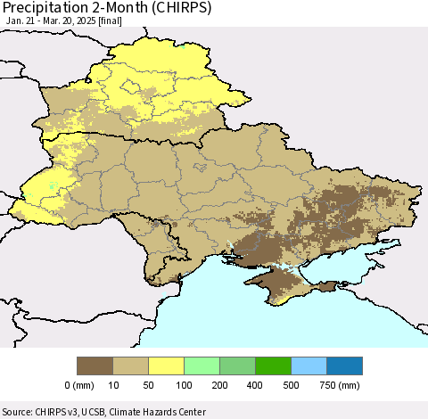 Ukraine, Moldova and Belarus Precipitation 2-Month (CHIRPS) Thematic Map For 1/21/2025 - 3/20/2025