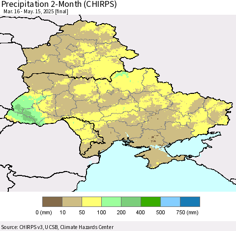 Ukraine, Moldova and Belarus Precipitation 2-Month (CHIRPS) Thematic Map For 3/16/2025 - 5/15/2025