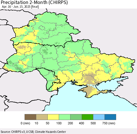 Ukraine, Moldova and Belarus Precipitation 2-Month (CHIRPS) Thematic Map For 4/16/2025 - 6/15/2025