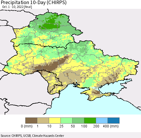Ukraine, Moldova and Belarus Precipitation 10-Day (CHIRPS) Thematic Map For 10/1/2022 - 10/10/2022