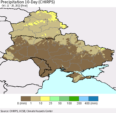 Ukraine, Moldova and Belarus Precipitation 10-Day (CHIRPS) Thematic Map For 10/11/2022 - 10/20/2022